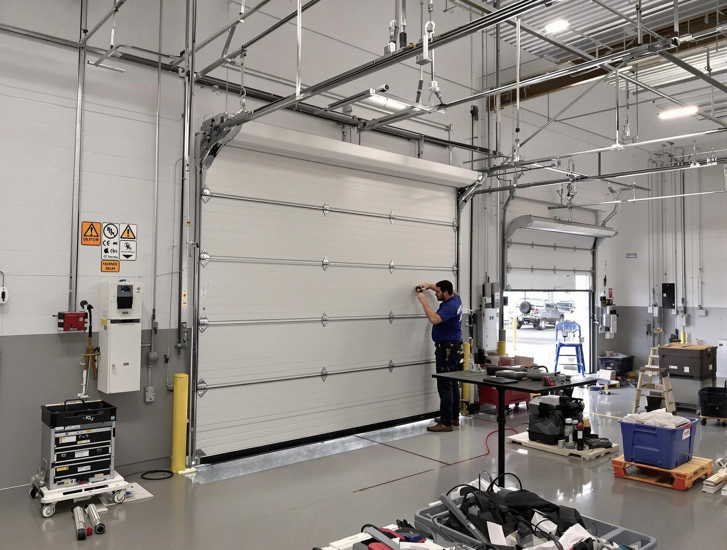 Commercial garage door repair being performed by Twin Lakes Garage Door Repair expert in Twin Lakes
