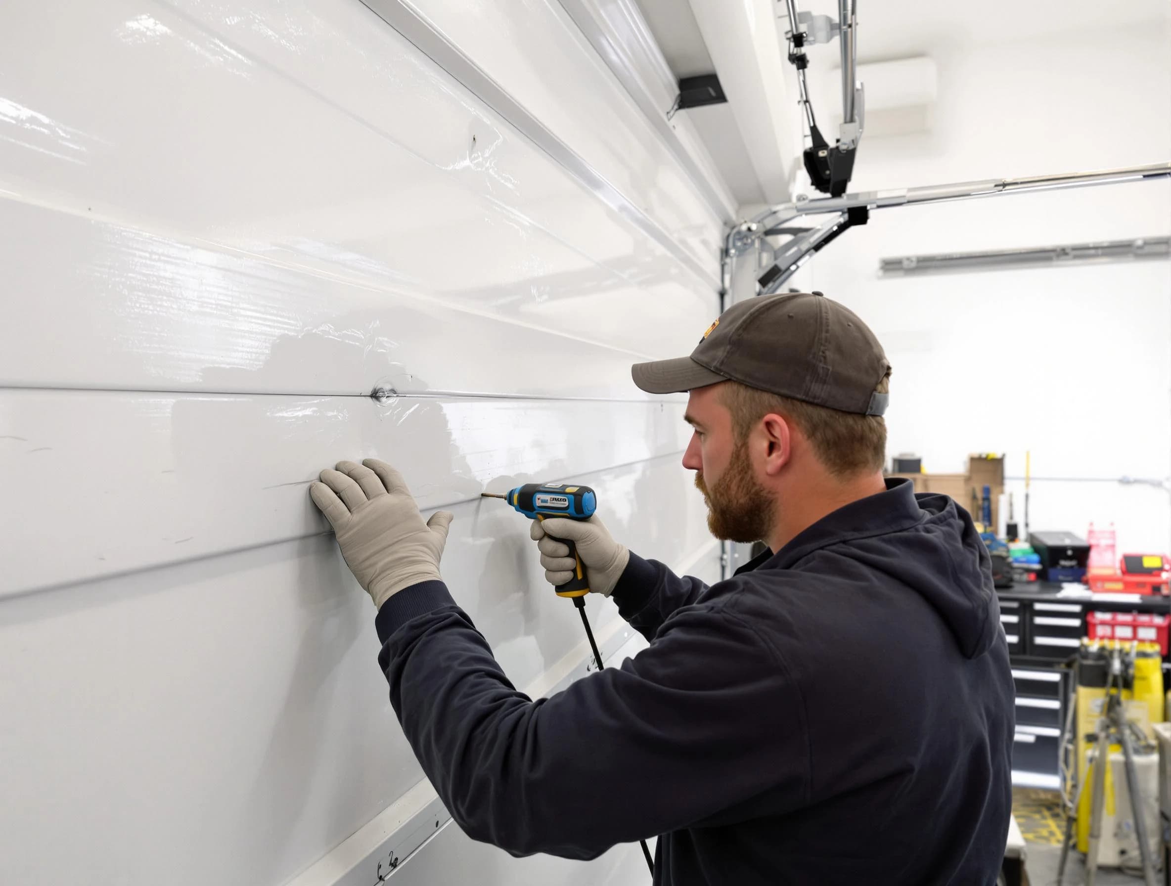 Twin Lakes Garage Door Repair technician demonstrating precision dent removal techniques on a Twin Lakes garage door